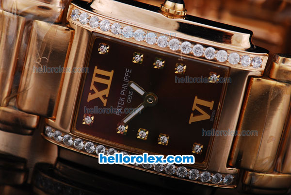 Patek Philippe Quartz Movement Diamond Bezel with Brown Dial and Full Gold--Lady size - Click Image to Close